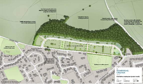 An illustrative masterplan (sketch draft) of the proposed site off Higher Road, Crediton.