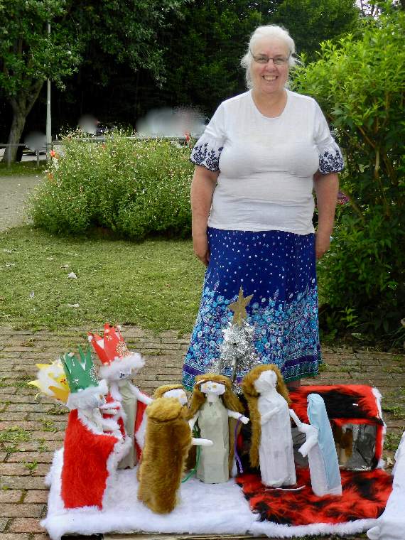 Ann McCafferty with the Nativity scene she created during Lockdown using mostly recycled materials. NP 270721 01