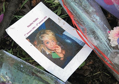 A photo of Hayley left among the floral tributes at the scene of the crash on the A31 near Four Marks