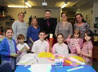 Tamsin Yates from Binsted School, Veronica Baker from Bentworth School, Michael Daffon from Amery Hill School, Jo Ayres from Bentworth School and Tanya Cornaia from Chawton School with pupils making a torch for the Race for Life. Picture order no: AD26-142-16 (altonherald.com)
