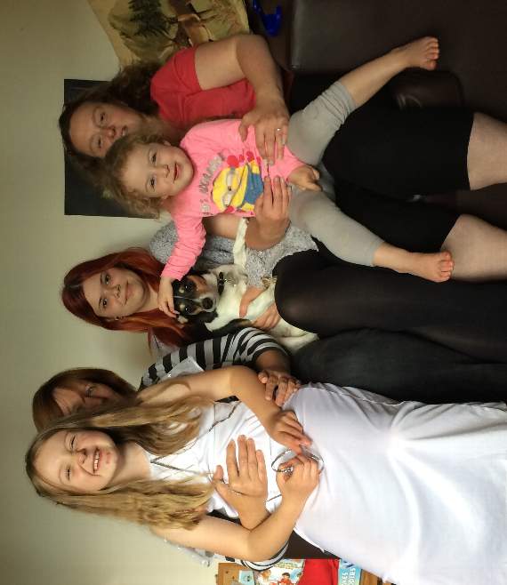 Hazel (left) with neighbour Debbie, niece Summer, Elmo the dog, Ellie and Clair
