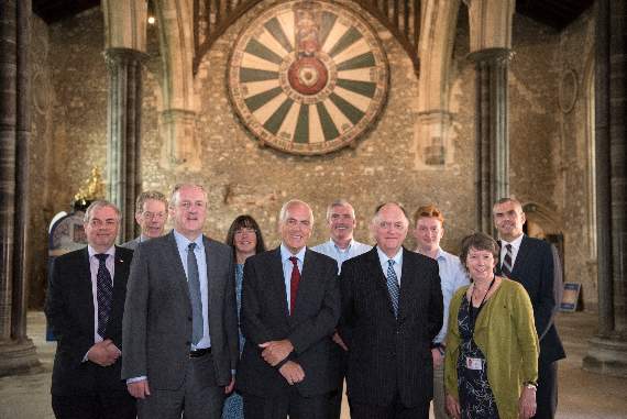 Hampshire County Council staff and councillors celebrating a Gold Award from the MoD’s Employer Recognition Scheme at the Great Hall, Winchester. Pictured (from left to right) are chief executive John Coughlan, leader Roy Perry, Armed Forces champion councillor Andrew Joy, with ex service personnel and reservists employed at the county council
