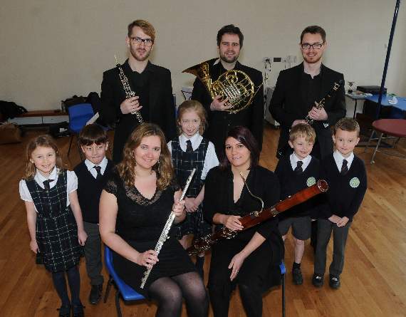 Grayswood pupils with members of the Waldegrave Wind Quartet  at the school concert