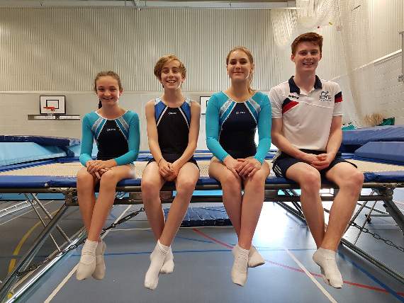 Alpha Trampoline Club’s English Championships Qualifier competitors: (from left) Gemma Stokes, Tivon Dillner, Molly Loveridge and Robert Hamilton.