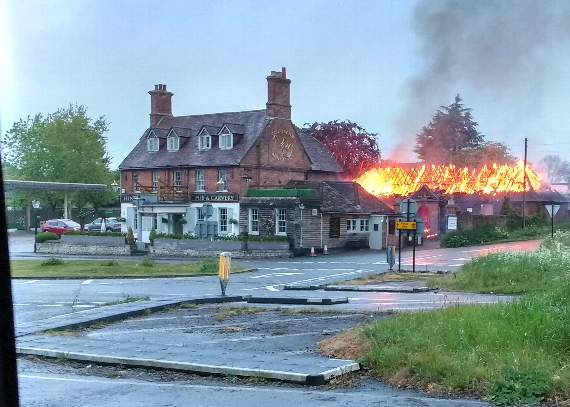 Fire drama behind A31 pub