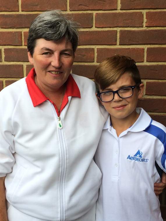 National champion Margaret Holden with grandson Reece Graham who is shaping up to be a good bowler himself.