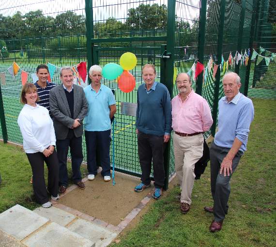 The new multi-use games area was opened in Ropley by East Hampshire MP?Damian Hinds (third left). He is pictured with Ropley Tennis Club members Janice Stratton, Ed Lane and Gavin Henderson, Ropley parish councillor Giles Stogdon, district councillor Charles Louisson, and parish councillor and Ropley walks committee member Tim Day. Picture courtesy of SeaBlueMedia