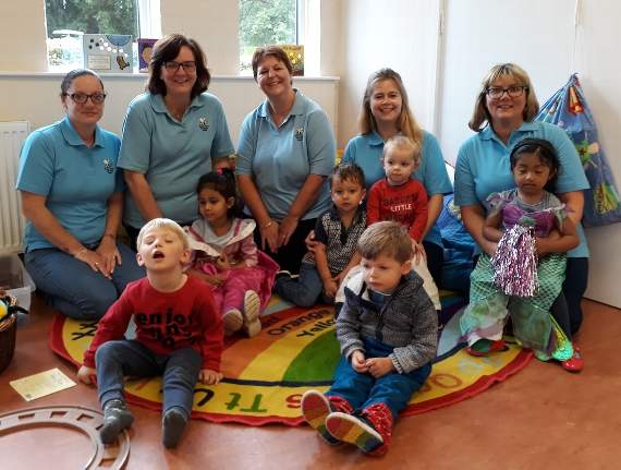 Pre-school children enjoying the launch on Monday of Busy Bees @ St Lawrence. They are pictured with Busy Bees leaders Vicky Gilbert, Janet Duddridge, Alison Stickland, Mary-Anne Adeyemi (deputy nursery supervisor) and Debbie Morgan (nursery supervisor)