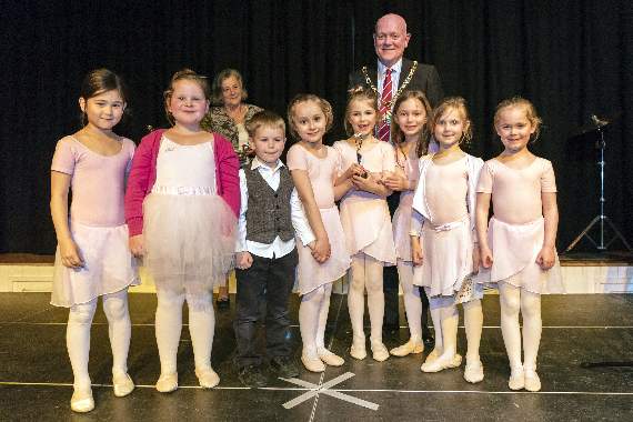 Rising stars: St Andrew’s award-winning ballerinas with six-year-old cellist Toby Carrington and the mayor