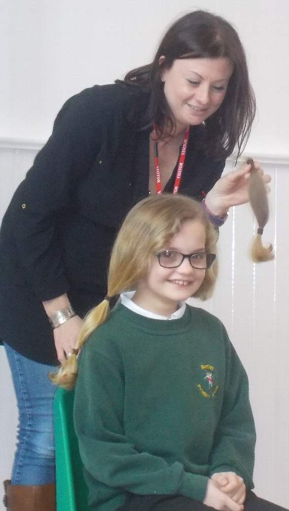Maddison Drew losing her locks for a good cause, with the help of hairdresser Becky Beevor