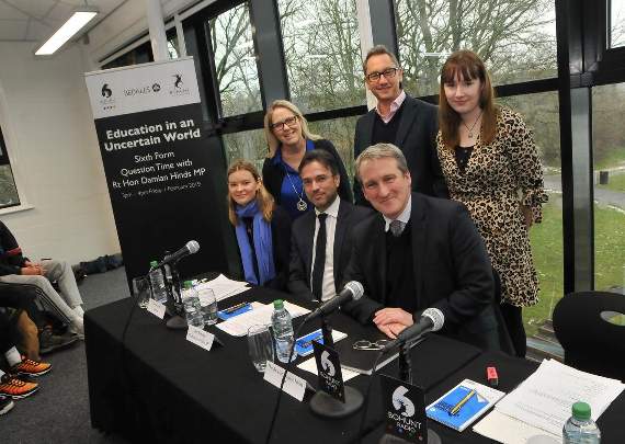 Connie Gillies (Bedales), Victoria Lambert, Neil Strowger, Magnus Bashaarat, Damian Hinds MP and Vanessa Buckingham (Bohunt)
