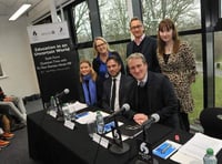 Connie Gillies (Bedales), Victoria Lambert, Neil Strowger, Magnus Bashaarat, Damian Hinds MP and Vanessa Buckingham (Bohunt)
