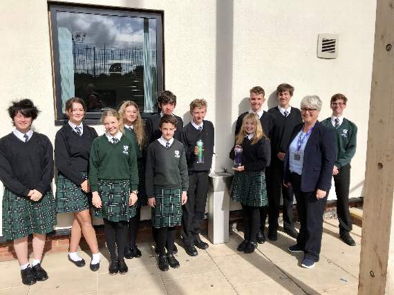 Science teacher Sharon Thornton and Weydon’s environmental heroes show off the new  re-useable bottles