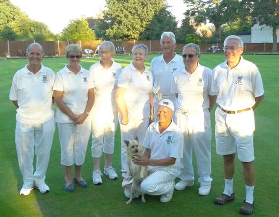 Goolding Cup winners Rowledge BC. From left: David Goddard, Pauline Smith, Gill Green, Pat Thompson, Aldo Piombini, Robert Green, Peter Ludford, Mehdi Akkouh (front, with mascot Pamela).