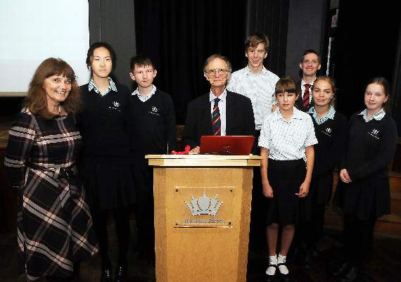 Royal School head Anne Lynch with head of sixth form Paul Norman, Dr Keith Thompson and students (HD43-151-18) Picture by Katie Hill