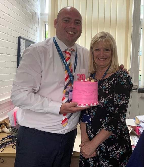 PA Linda Mitchell with current Heath End headteacher Stuart Maginnis