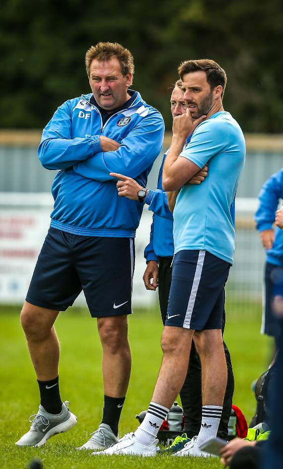 Badshot Lea bosses Gavin Smith (right) and Dave Ford and coach Paul Harkness will be looking to plot their side’s way past Christchurch in the FA Cup tomorrow night
