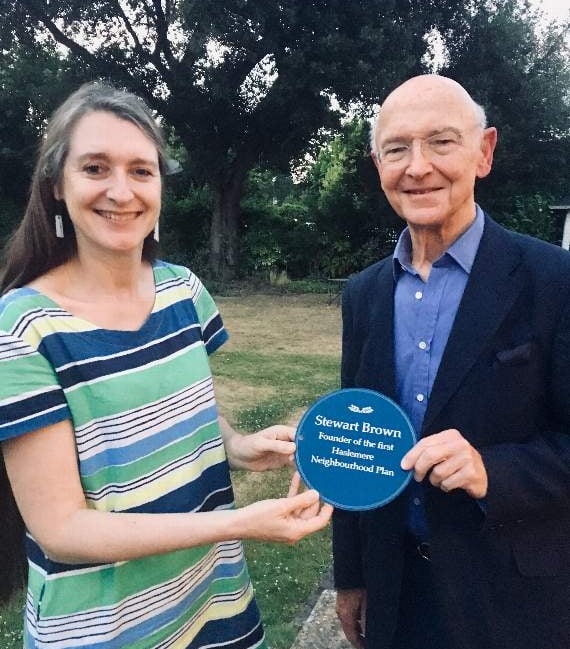 Leslie Banfield with Stewart Brown and one of his parting gifts