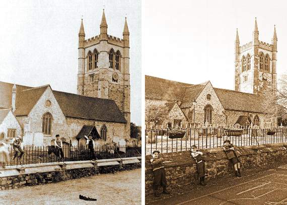 Pupils at St Andrew’s School in Victorian times (left) and recreating the scene in the present day