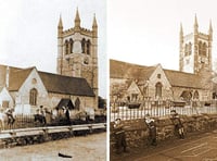 Pupils at St Andrew’s School in Victorian times (left) and recreating the scene in the present day