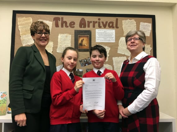 Headteacher Jo Ayres, head girl Isla, head boy Oscar and Maria Fordyce, chair of governors