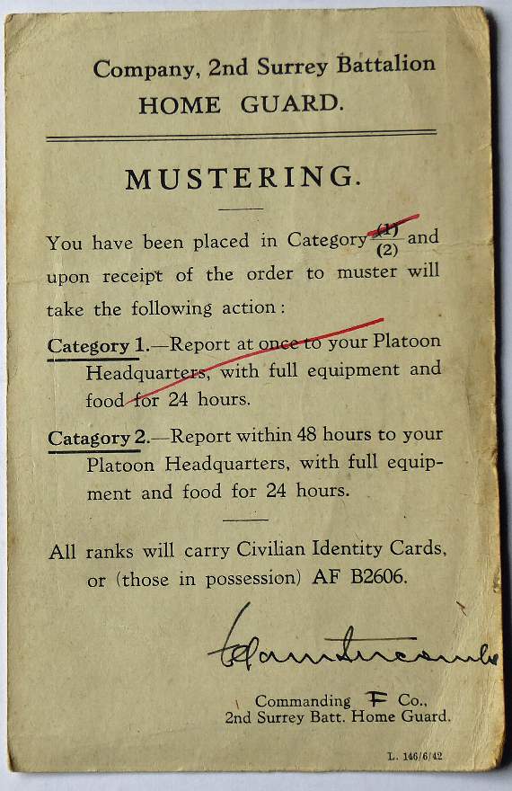 Tom's muster paper placing him in ‘category 2’ to report within 48 hours