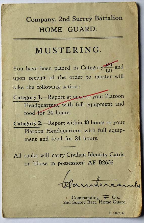 Tom's muster paper placing him in ‘category 2’ to report within 48 hours
