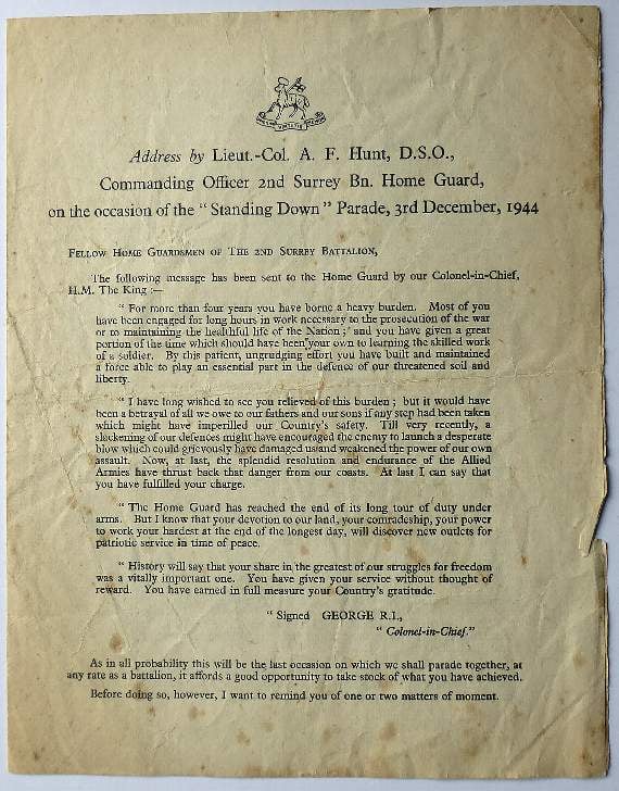 The standing down message from Lt Col Hunt CO of the 2nd Surrey Home Guard Battalion in December 1944