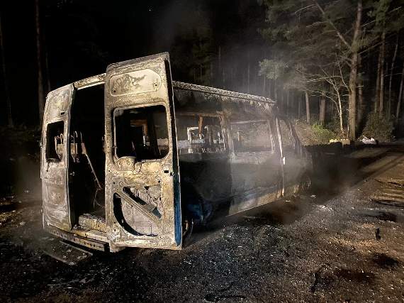The minibus was reduced to a charred shell, with its engine stripped (PHOTO BY YATELEY FIRE STATION)