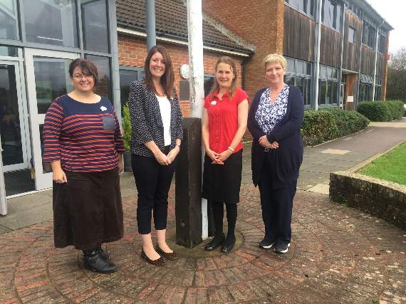 Heather Eastman and Barbara Severs with interim headteacher Rachel McGrath (second left) and councillor Paula Langley (right)