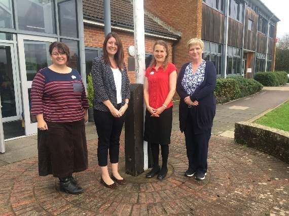 Heather Eastman and Barbara Severs with interim headteacher Rachel McGrath (second left) and councillor Paula Langley (right)