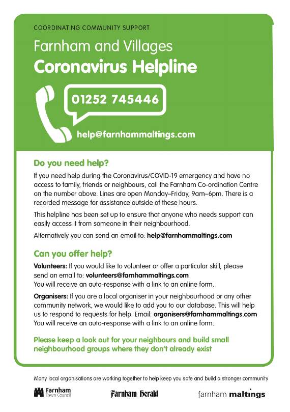 The Farnham and Villages Coronavirus Helpline has been set up to offer a united response to the COVID-19 emergency
