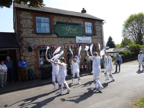 <p>A scene from Easter past: Jackstraws Morris team outside The Alfred pub in Upper Hale</p>