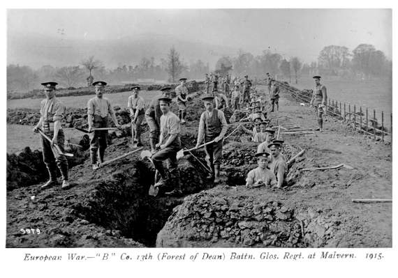 •B company of the 13th Gloucestershire Regiment digging in 1915.