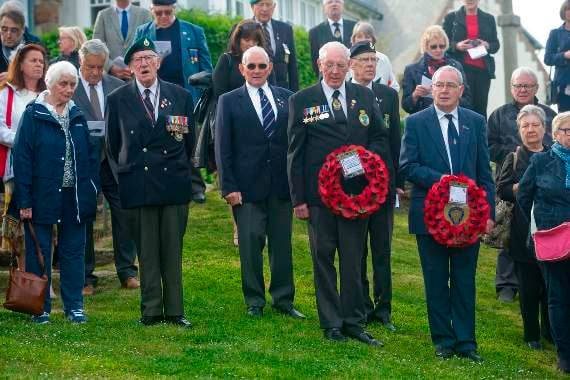 n The French parade marshall (left) with Mayor Erven Leon, gendarmes chaplain Christophe Eskdale and his father John Eskdale from Whitecroft, who survived the sinking three-quarters of a century ago.