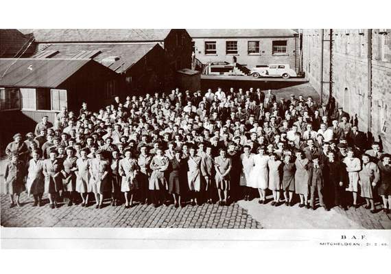 •British Acoustic Films employees outside the Maltings Buildings just before the end of the Second World War in February 1945.