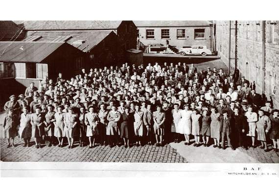 •British Acoustic Films employees outside the Maltings Buildings just before the end of the Second World War in February 1945.
