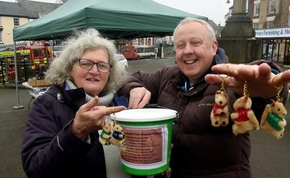Coleford town councillor Heather Lusty and Mayor of Coleford Nick Penny out collecting for victims of the Australian bushfires.