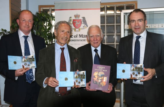 Launch of new set of IOM coins at Tynwald Library Finch Road Douglas. L to R.Bill Henderson MLC,Raphael Maklouf chairman Tower Mint,Mike Southall with new book on manx coins,Alf Cannan MHK Treasury Minister.
