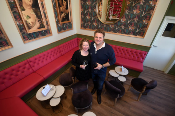 Ian Swindells and MaryBethColl opening the  new 'Foraging Vintners' wine bar, Port Erin Harbour
