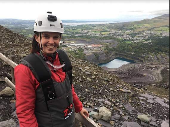 Jackie at the top of the Big Zipper. The landing stage is way down on the far side of the quarry lake