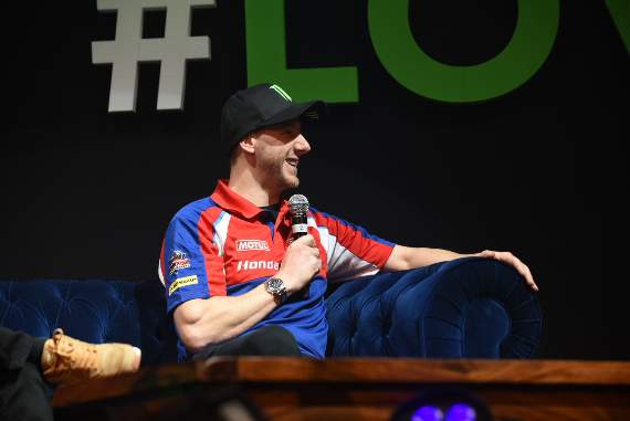 Ian Hutchinson was in good spirits at the TT launch, despite still being on crutches with his leg in a frame after his serious crash in last year’s Senior