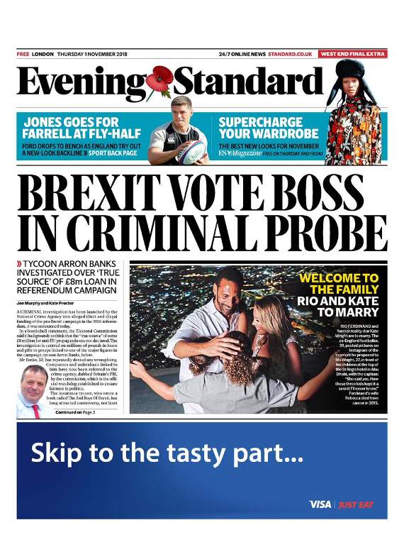 The story leads today's London Evening Standard