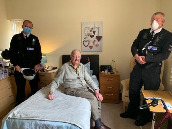 Michael MacPherson celebrated his 100th birthday at Ellan Vannin care home with a card from the Queen and a visit from the police