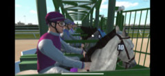 Virtual jockeys and horses lined up to race