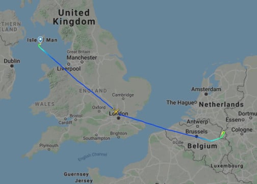Flybe plane's flightroute from Isle of Man to Maastricht. Sourced from Flight Radar 24.