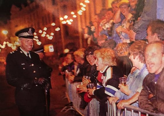 Dudley Butt pictured in a motorcycling newspaper on duty outside Bushy's in the early 1990s