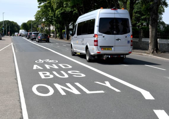 A new road layout on the approach to Douglas - a lane for buses and cyclists between the exit of the Grandstand pit lane and the St Ninian's crossroads on Glencrutchery Road