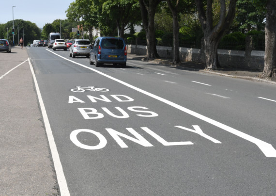 A new road layout on the approach to Douglas - a lane for buses and cyclists between the exit of the Grandstand pit lane and the St Ninian's crossroads on Glencrutchery Road