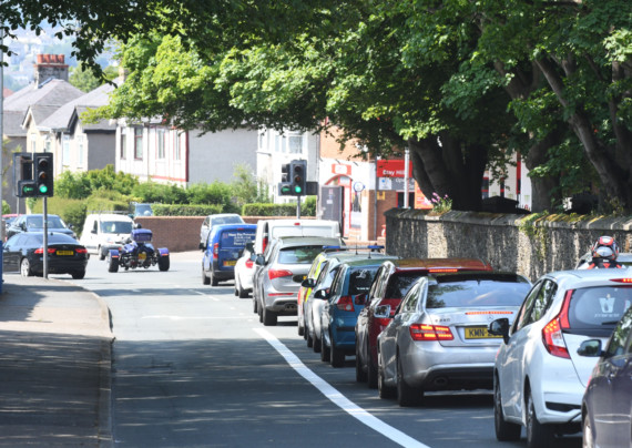 A new road layout on the approach to Douglas - a lane for buses and cyclists between the exit of the Grandstand pit lane and the St Ninian's crossroads on Glencrutchery Road